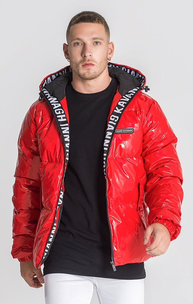 red shiny puffer jacket men