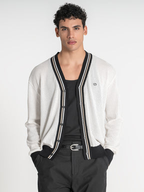 jackets / Beige Striped Knit Cardigan