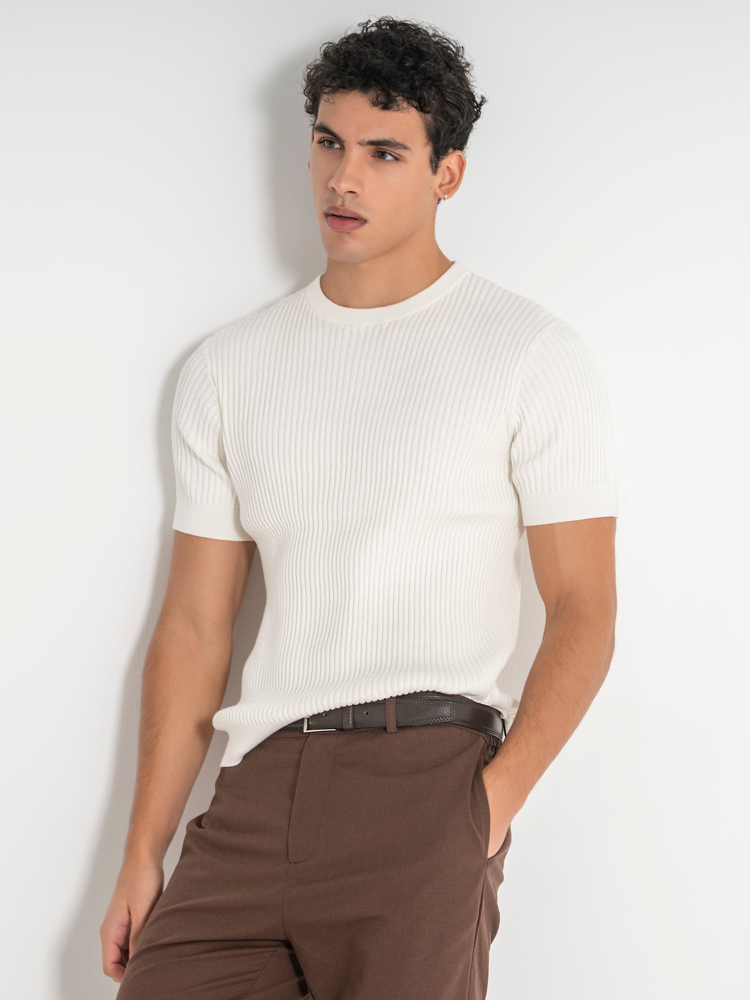 White Ribbed Knit Tee