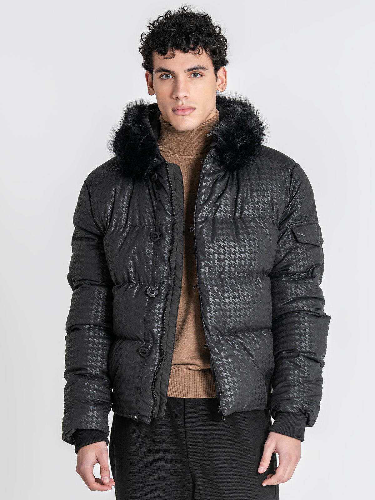 Black Smart Houndstooth Puffer Jacket