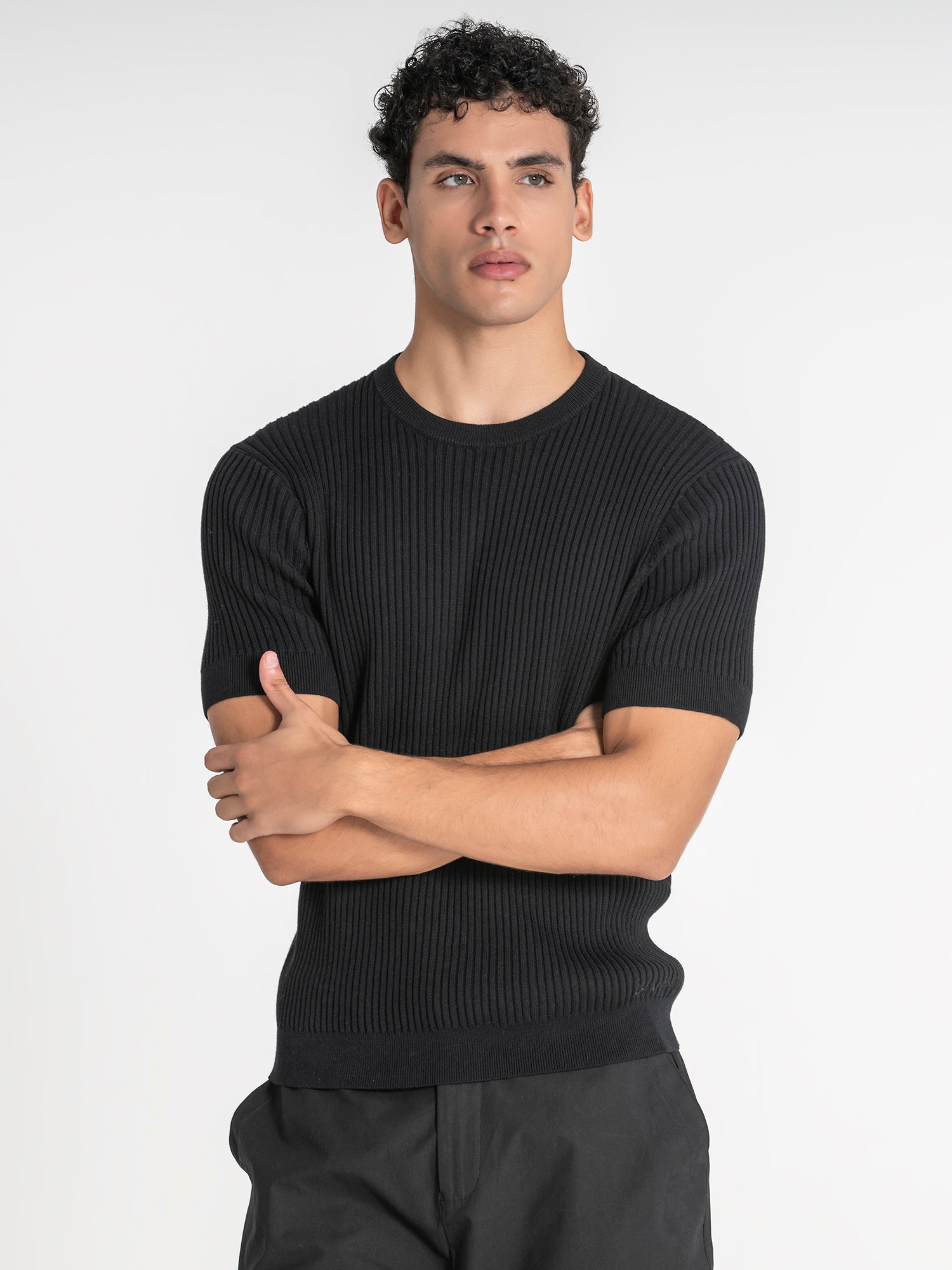 Black Ribbed Knit Tee