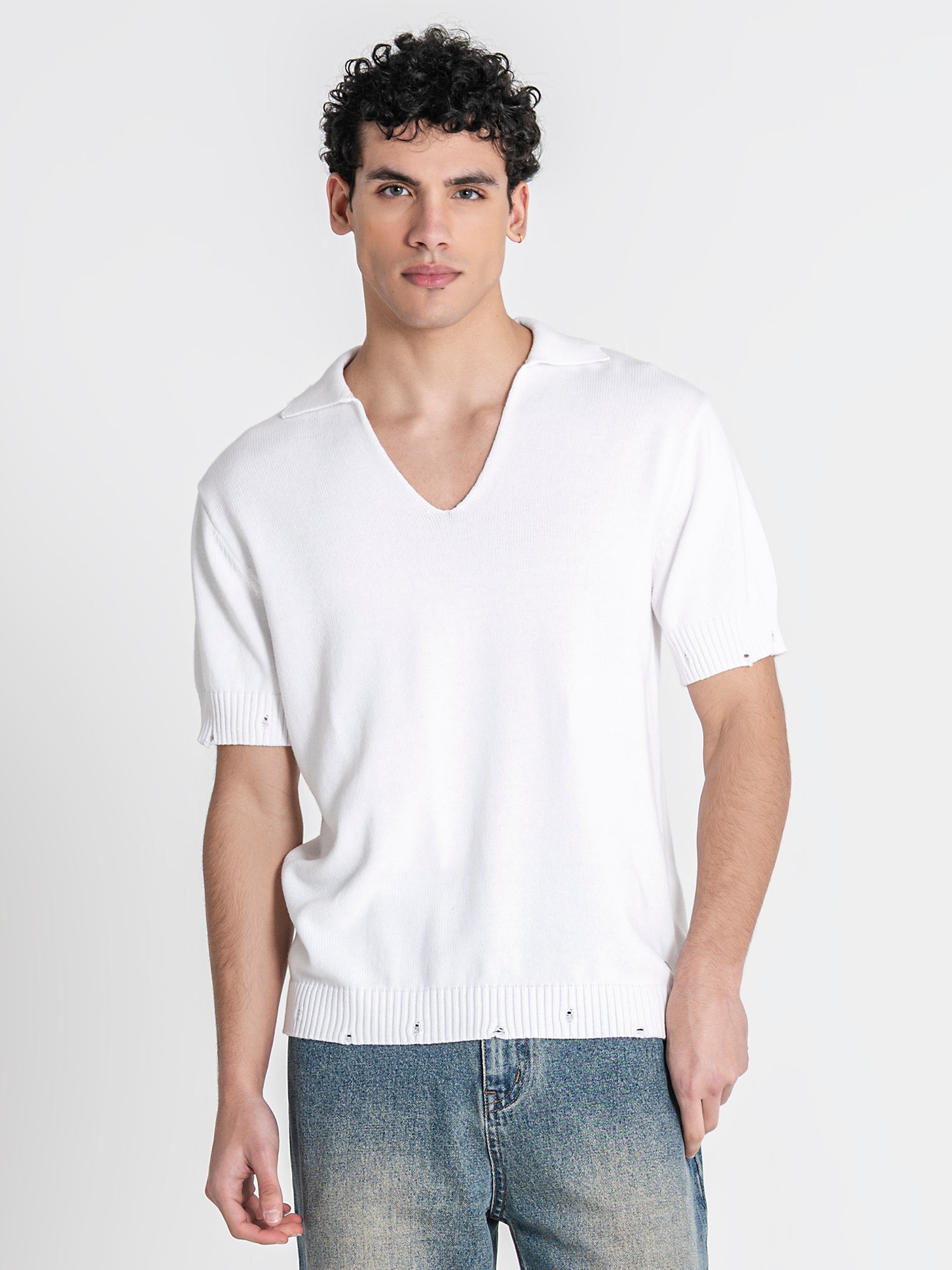 polos / White Ripped Knit Polo