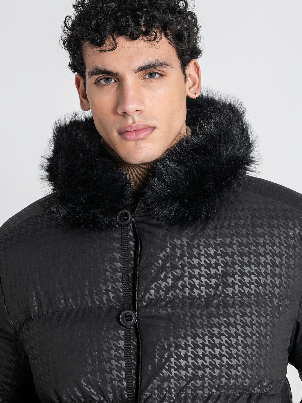 Black Smart Houndstooth Puffer Jacket