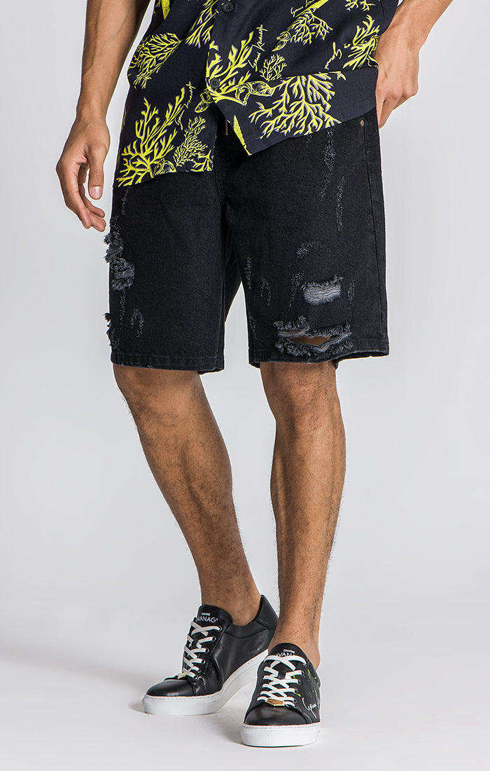Black Underwater Denim Shorts